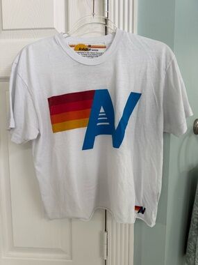 Aviator Nation White Tee with Yellow Sun and Orange Stripe